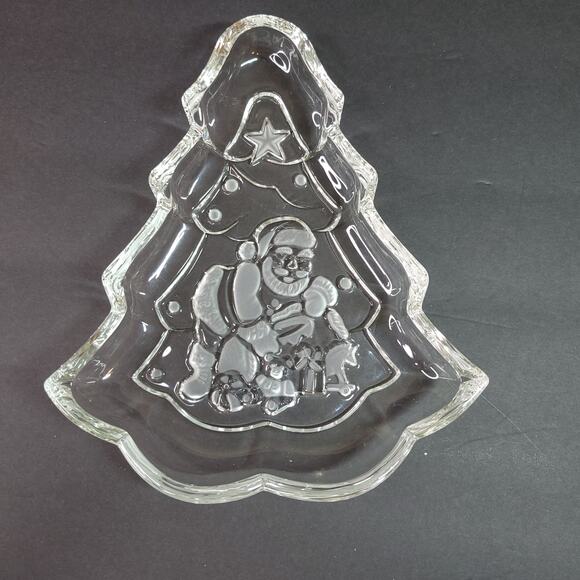 Santa Claus Clear Class Candy Trinket Dish Christmas Tree Pressed Glass - Picture 1 of 5